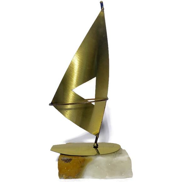 Sailboat Nautical Metal Art Brass Copper & Steel On Stone Onyx Base Set of Two - Picture 7 of 10